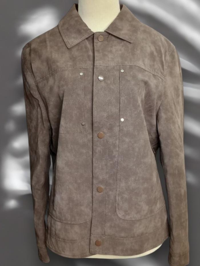 Atasan Vintage Denim Trucker Pria Wanita Jaket Suede Coklat Muda Model Ikonik Kombinasi Kancing Snap