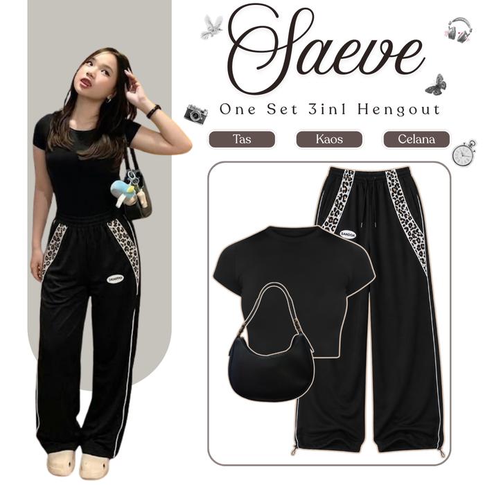 Setelan Saeve One Set 3in1 (Kaos Crop Top Celana Baggy Pants Tas Bahu) Outfit Korean Street Style Re