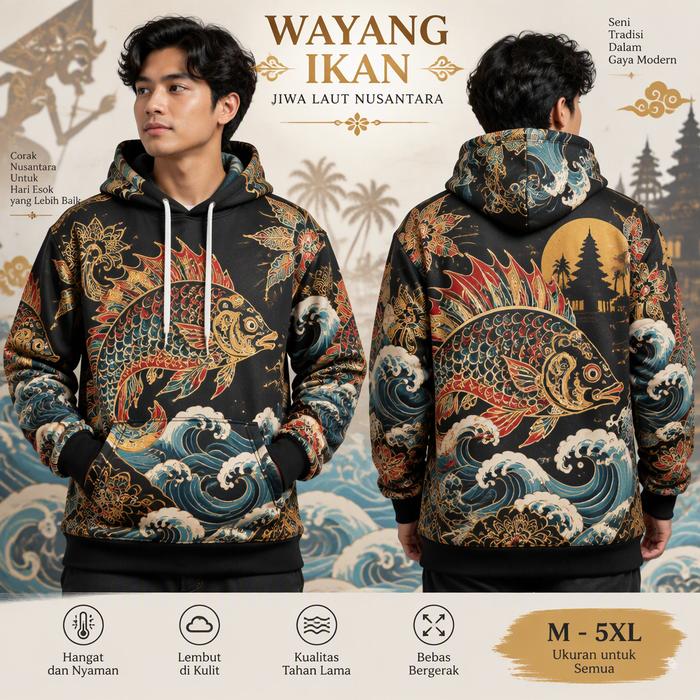 Hoodie Pria Wayang Ikan Motif Tradisional Nusantara Lengan Panjang Kupluk Tali Serut Saku Depan Warn