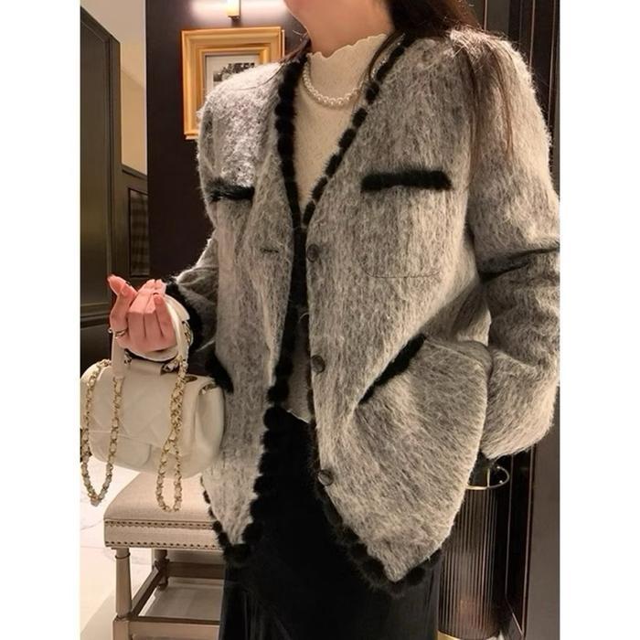 #5013# COAT WOOL JUMBO || Outer Coat Wool Gray List Furballs || Blazer Wool Abu-Abu Lis Pom-Pom Bulu