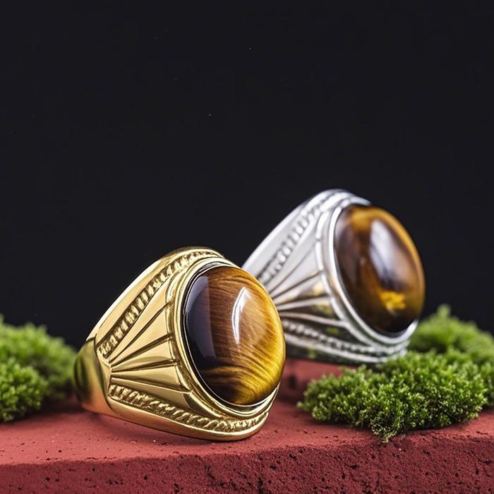 Cincin Pria Pola Tali Putar Emas Perak Perak Vintage Cincin Pria Dipersonalisasi Batu Mata Harimau B