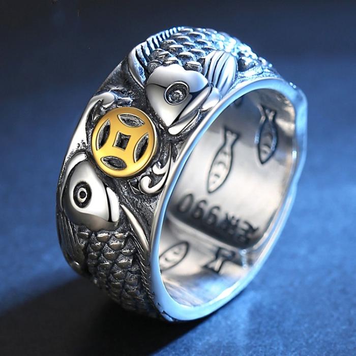 Cincin Ikan Koi Koin / Cincin Koin Kuno Motif Ikan Naga Silver Gold Perak Sterling Ukuran Adjustable