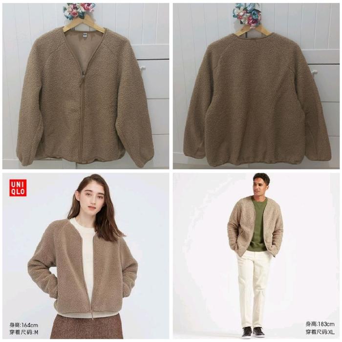 Uniqlo Unisex Outerwear Cardigan Sherpa Fleece polar piled Lined Jacket Coklat ukuran XL