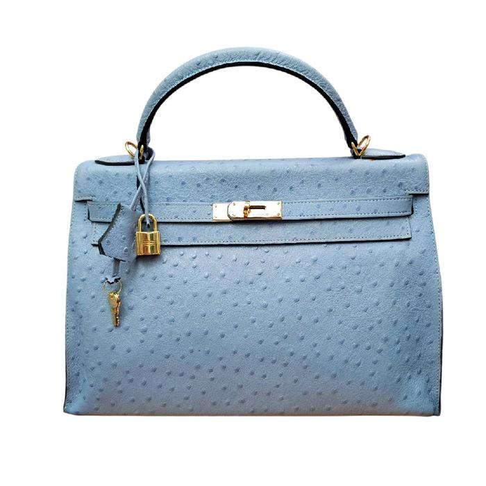 Kremes Birkin 35 Ostrich Blue Handbag GHW