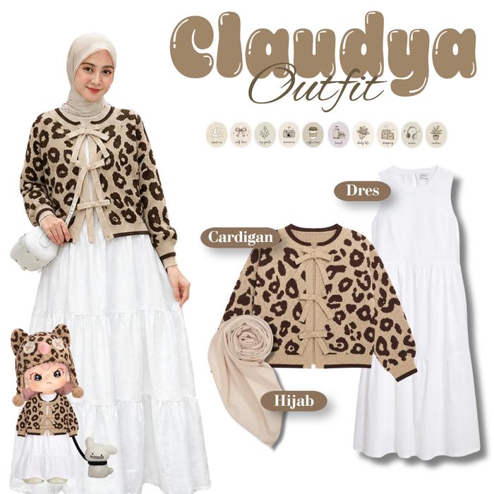 Claudya Outfit 3 in 1 set Setelan Cute Kekinian (Cardigan, Dres, Hijab) OOTD Hangout Remaja Aestetik