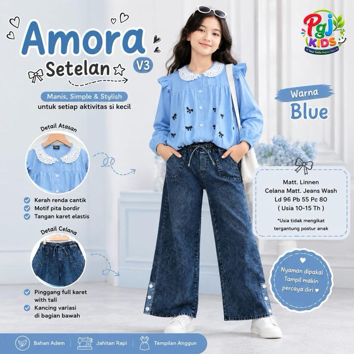Amora set jeans anak perempuan usia 9-14tahun motif pita kombinasi renda