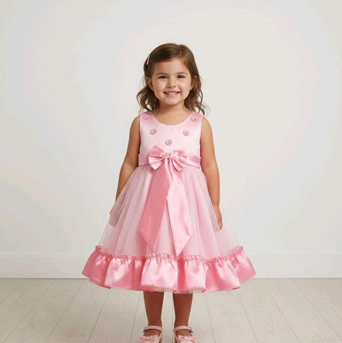Gaun Anak Perempuan Preloved Warna Pink dengan Renda dan Pita di Pinggang untuk Acara Spesial