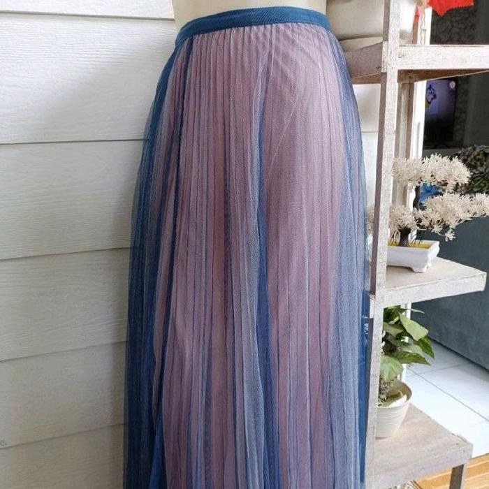 Rok Panjang Long Skirt Plisket Tile Tutu Pink Biru