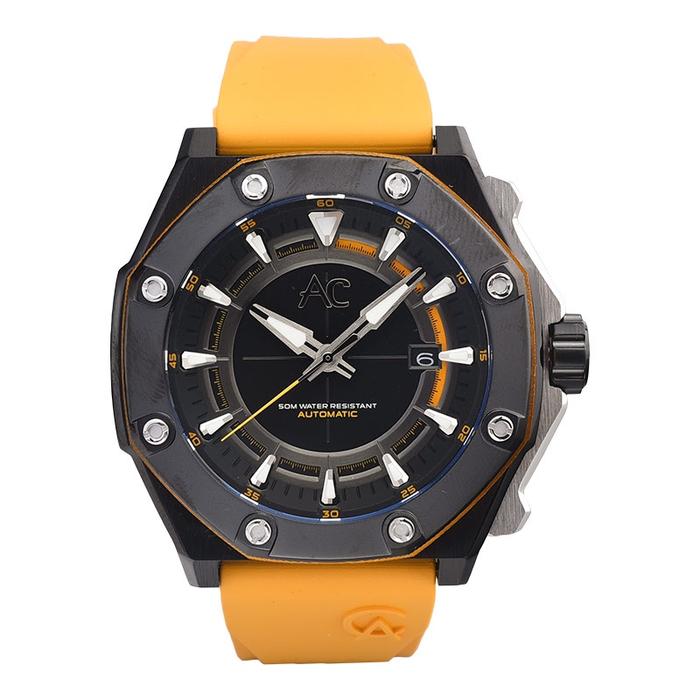 JAM TANGAN PRIA ALEXANDRE CHRISTIE�AUTOMATIC AC 9601 MA RTBBAYL MEN BLACK DIAL YELLOW RUBBER STRAP