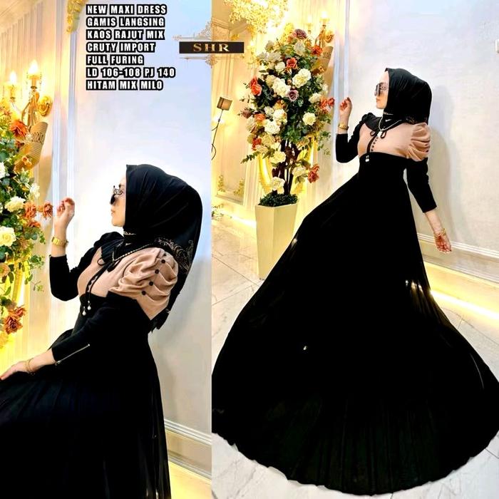 Maxi Dress Gamis Langsing Kaos Rajut Mix  Ceruty Import Wanita Muslim Mewah