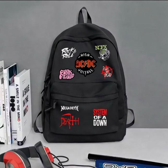 Tas Ransel Hitam Patch Band Rock & Roll AC/DC Pink Floyd Megadeth System of a Down untuk Pria dan Wa
