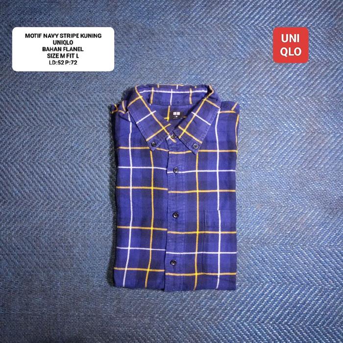KEMEJA FLANNEL MOTIF NAVY STRIPE KUNING UNIQLO ORI SIZE M FIT L