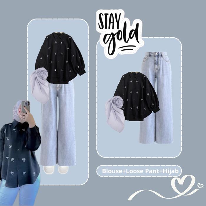 One Set Wanita Korean Style Hijab ( Blouse Bordir Pita Loose Pant ) Enola Holmes Outfit Simple - ZU0