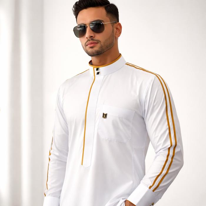 Elghazi [Saudi 105 Jubah Dhoha] Jubah Gamis Pria Dewasa Muslim Motif Garus Lis Panjang Hitam Kancing