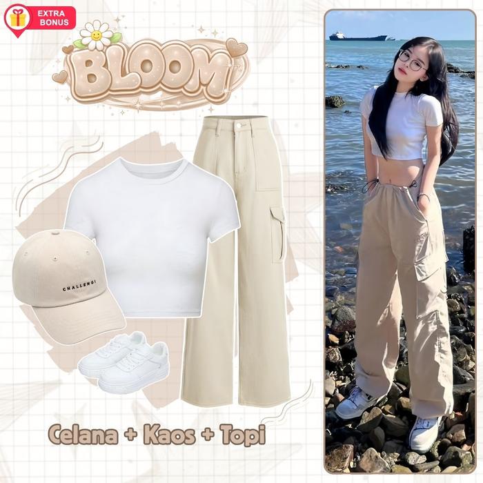 One set 3in1 Kaos Crop Celana Cargo Topi | ootd outfit oneset setelan coquette classy santai simple 