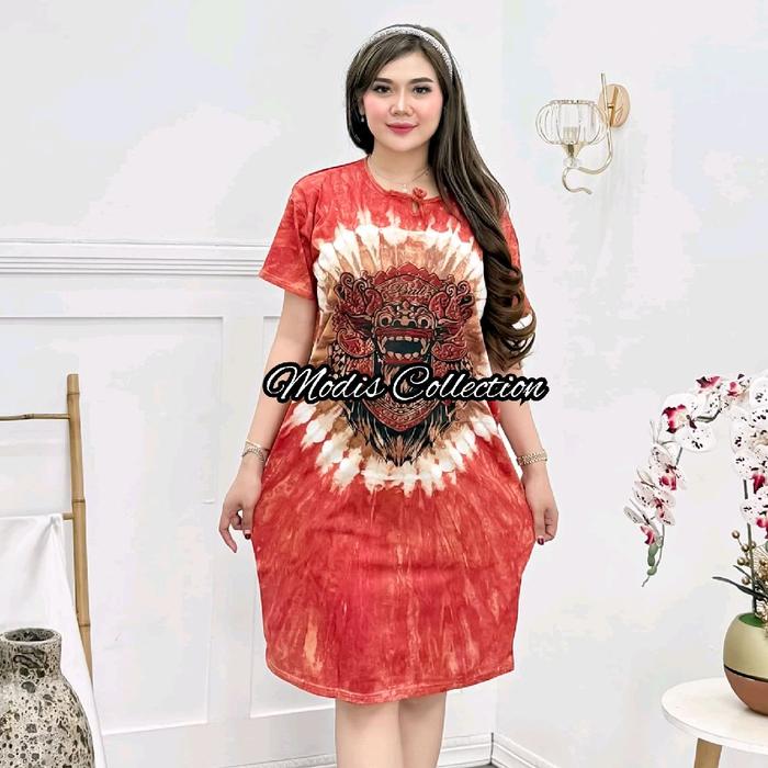 Daster Kaos Bali Motif Barong Kekinian Terbaru Lengan Pendek Panjang Dress Bawah Lutut Dada Tali Dep