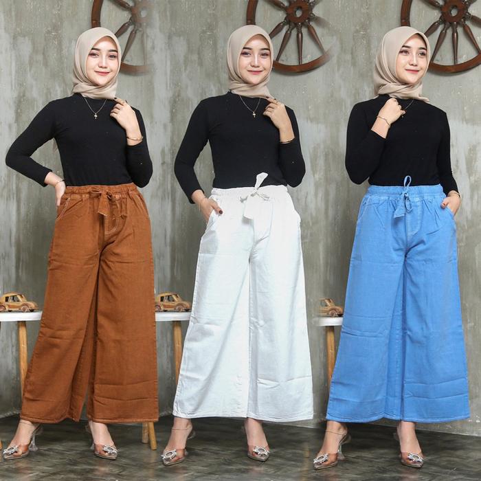 storelly99 CELANA JEANS WARNA PUTIH SAGE COKLAT CREAM PINGGANG FULL KARET//KULOT JEANS JUMBO KEKINIA