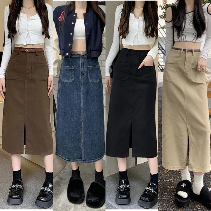 Rok panjang cowgirl ala korea rok denim pinggang tinggi Standar Wanita Hitam Coklat Biru Pendek