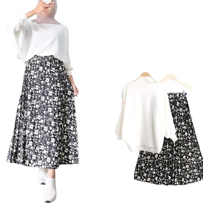 Safron Outfit Hijab Korean Style Setelan Blouse dan Rok Plisket Terbaru 2025 One set Premium Bunga M
