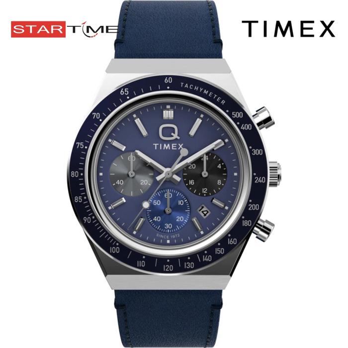 Jam Tangan Pria Timex TW2Y36100V5 Q Diver Inspired Chronograph Blue Dial Blue Leather Strap