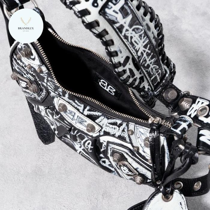 BALENCIAGA LE CAGOLE XS GRAFFITI SHOULDER BAG  BLACK WHITE