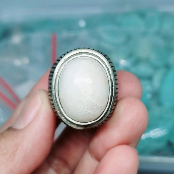 Cincin Batu Akik Mg Putih Natural Calcite / Kalung Liontin Mani Gajah Putih Elegan Ring