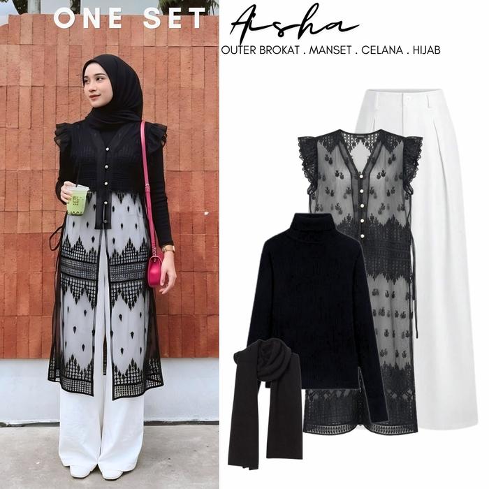 4IN1 FULL SET Aisha One Set Kondangan - Long Outer Brokat Etnik, Manset, Celana Knit & Pashmina Outf