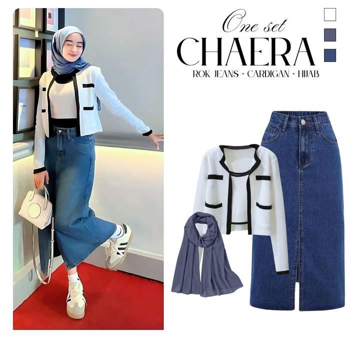 Chaera Outfit Set Wanita ( Atasan Cardigan Outer Rajut Stretch + Bawahan Rok Jeans Dark + Square Hij