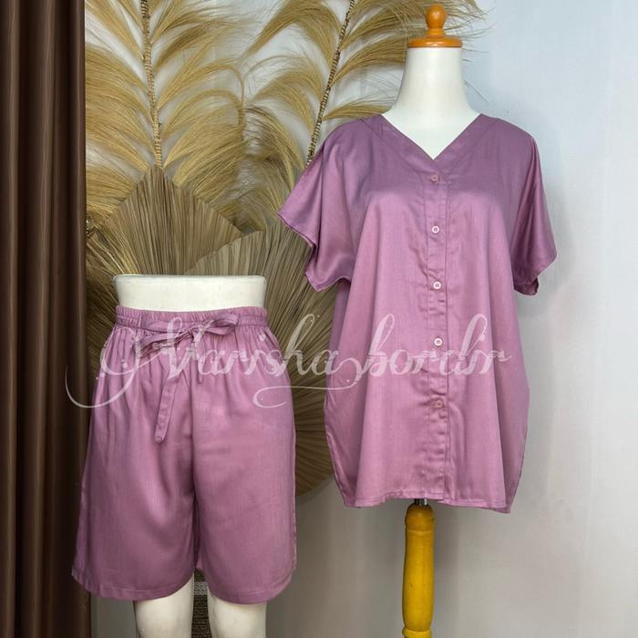 Baju Tidur Wanita Piyama Babydoll Rayon Twill / Pajamas Kancing V-NECK Hotpants Polos Celana Pendek 