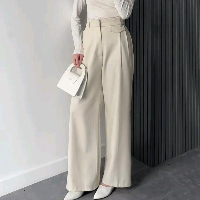 HERL - ORO PANTS KNIT Celana Panjang Korean Style Highwaist Basic Kantor Hitam Brokenwhite Ivory Kha