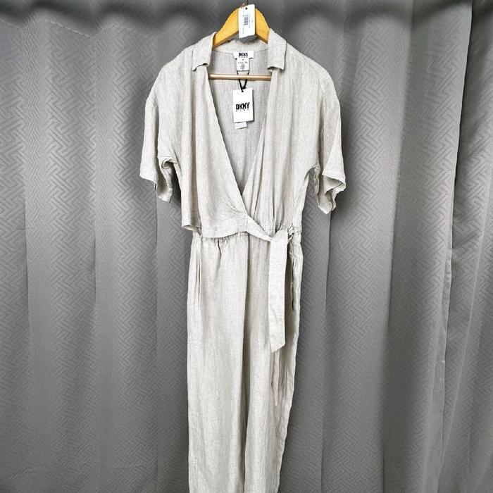 OLA DKNY Linen Wrap Jumpsuit Dress Panjang Baju Wanita Casual Kancing Gaun