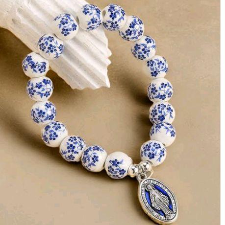 Gelang Keramik motif Bahan Keramik charm Bunda Maria biru titanium