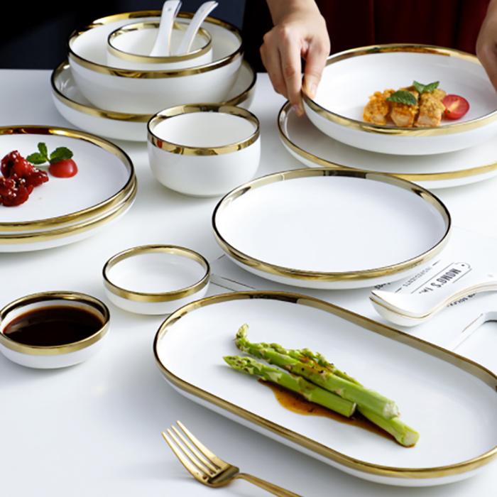 Ceramic Gold Plated Edge Plate Tableware Set White Porcelain Dinner