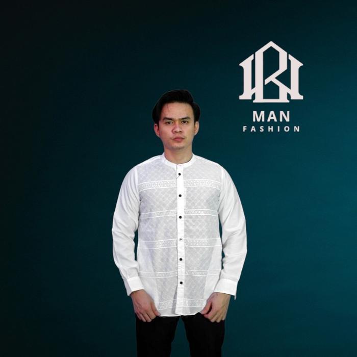 baju kemeja barukat pria dewasa lengan panjang kemko muslim kinaro Biru Fit Koko Bunga Putih Formal 