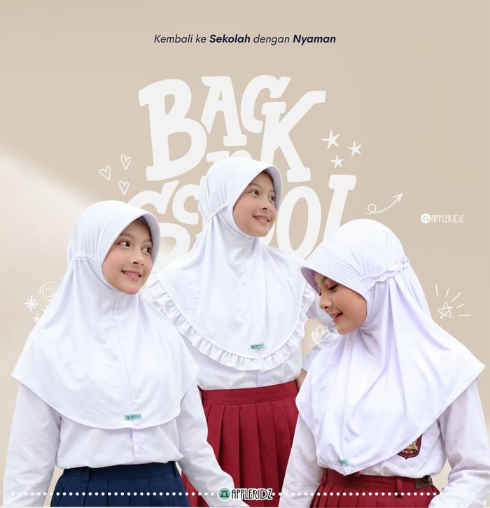 Applekidz Kerudung Bergo Anak Sekolah Hijab instan Tali Alana Muslim Renda rabbani sd 10–12 Serut Se