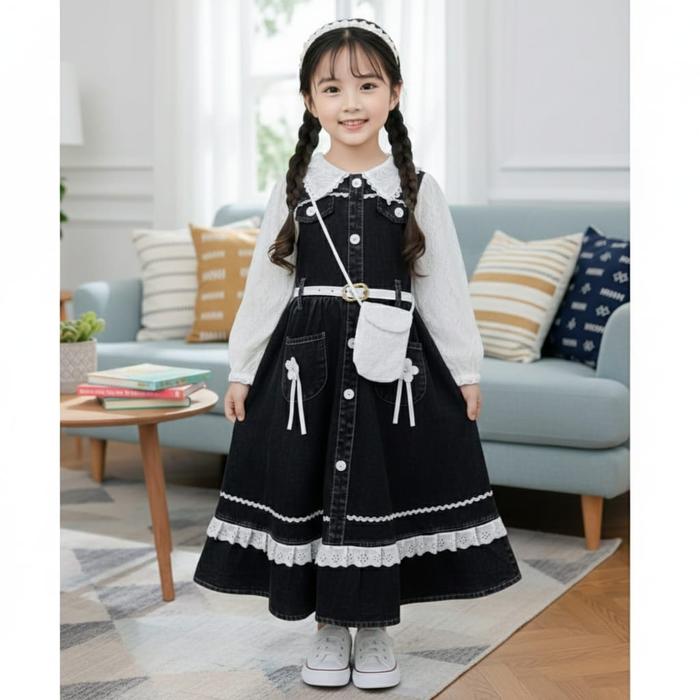 Dress Gamis Mewah Anak 2 in 1 Brukat Mix Jeans Rompi Gamis Raya Anak-Anak Kekinian Usia 3-10 Tahun C