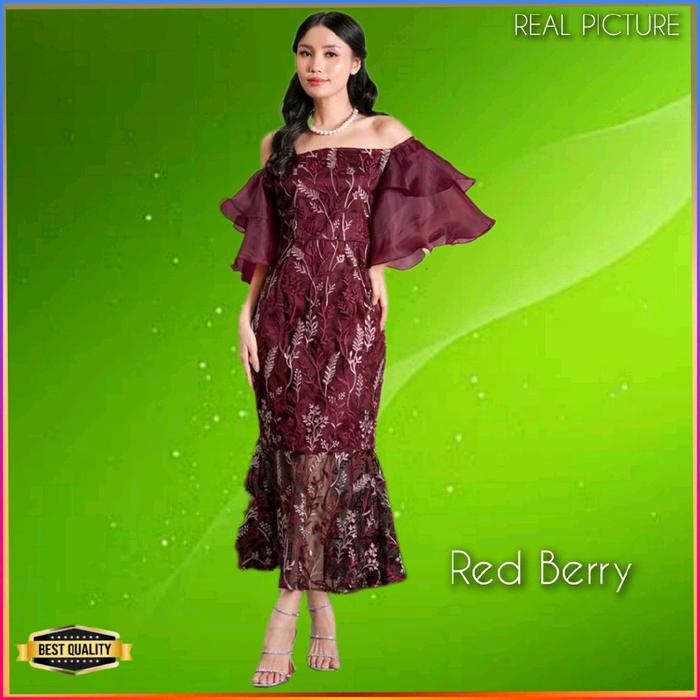 Baju Gaun Pesta Wanita TM067 Blouse Natal Tile Bordir Midi Dress Red Berry