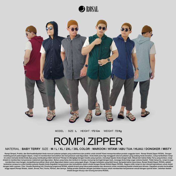 Rompi Zipper ROSAL - Rompi Sholat Pria Hoodie Bahan Baby Terry Tebal Hangat Praktis Resleting M-3XL