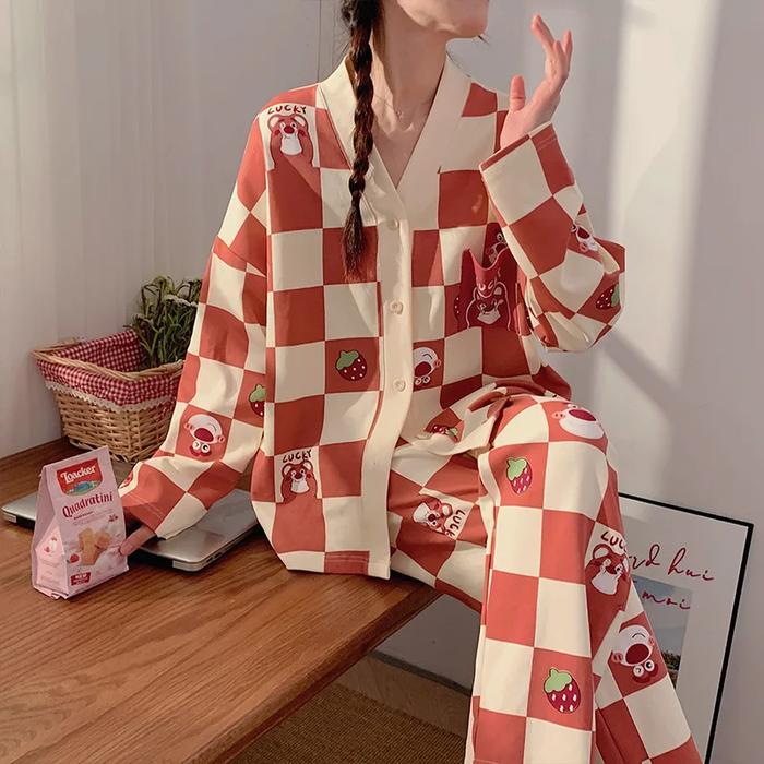 Cute Cartoon V-Neck Long Sleeve Sleepwear Women's Casual Open Cardigan Home Clothes Thin Autumn Seas
