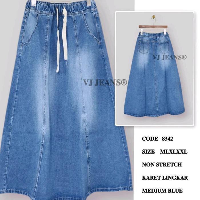 Rok Jeans Flare Panjang Pinggang Karet Tali Bahan Non Stretch Import VJ Jeans