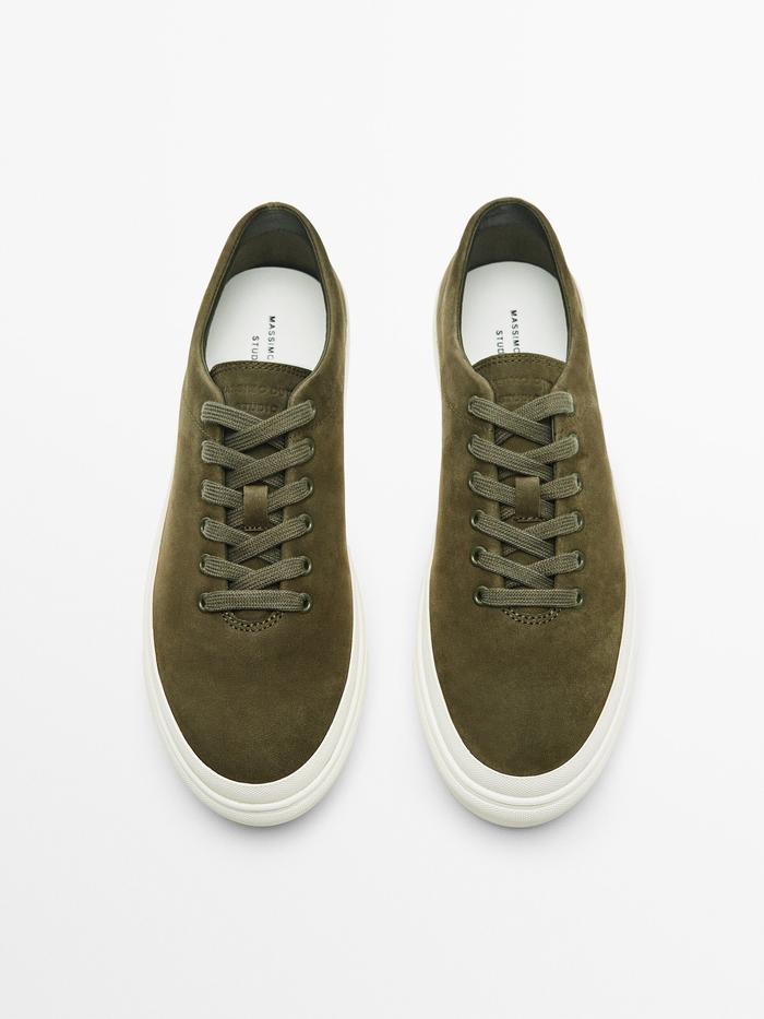 Massimo Dutti Studio Nubuck Sneakers in Khaki - Sepatu Casual Trainers Pria
