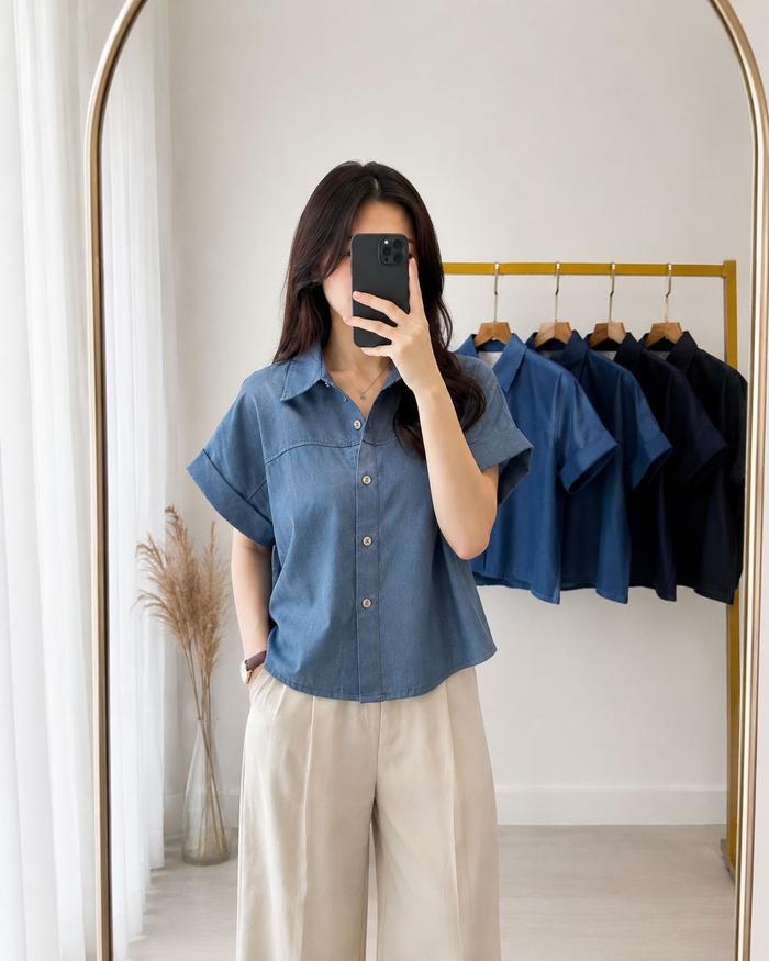 Kemeja Wanita Jeans Loewe Premium Blouse Denim Lengan Pendek Kancing Depan Korean Style Casual
