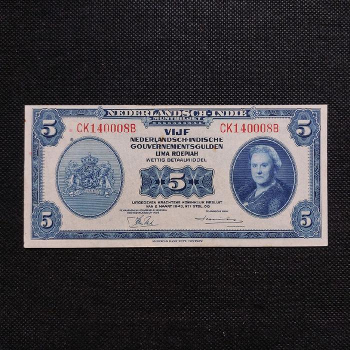 Uang Kertas Kuno 5 Rupiah/Gulden NICA  tahun 1943 - Nomor Seri CK 140008 B