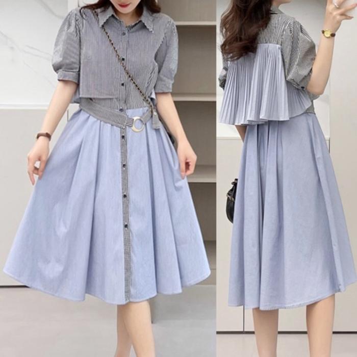 DRESS KEMEJA MIDI KATUN GARIS HITAM & POLOS BIRU MUDA TOP LAYER PINGGANG BELT KOREA IMPORT