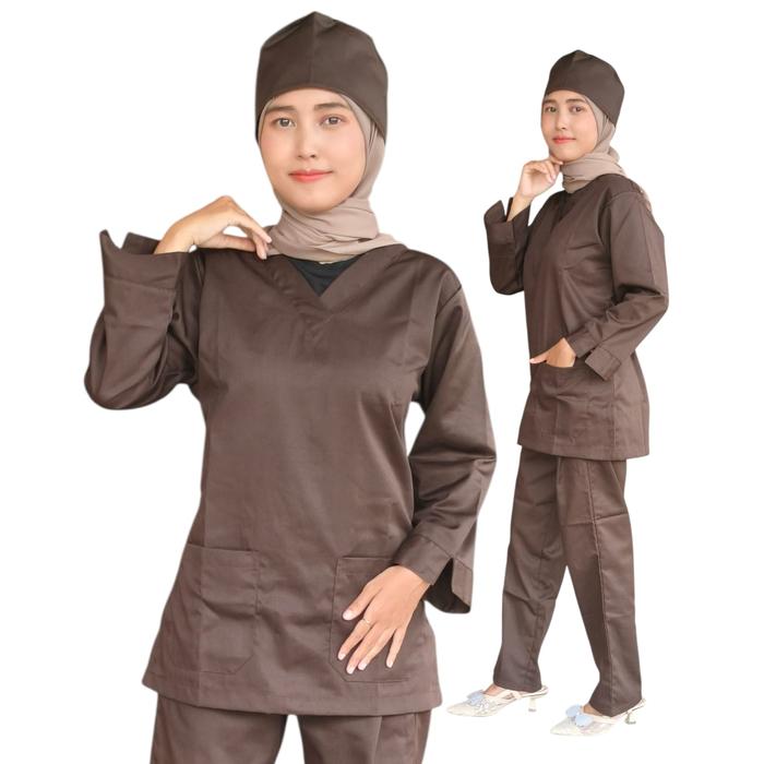 [COKLAT TUA] Scrub Ok Lengan Panjang | Baju Jaga Medis | Baju Operasi | Baju Jaga Ok | Scrub Medis