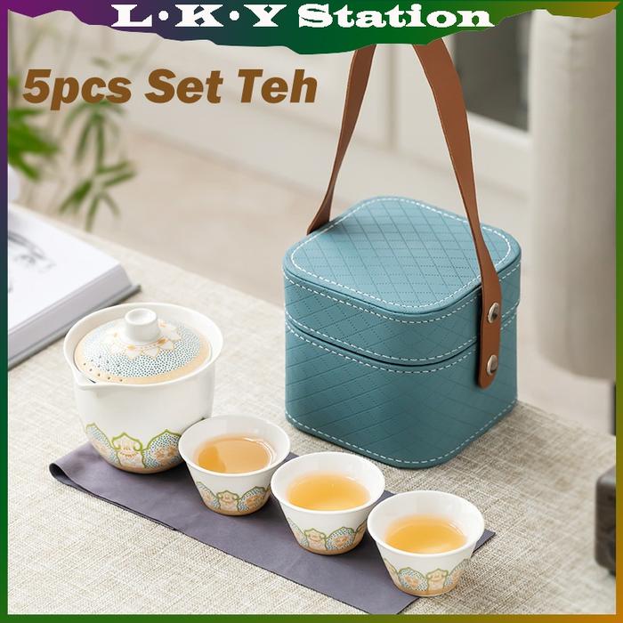 5Pcs/Set Teh Hadiah Keramik Premium Set Teh Bepergian Set Teh Kecil Set Mangkuk Tertutup Cangkir Teh