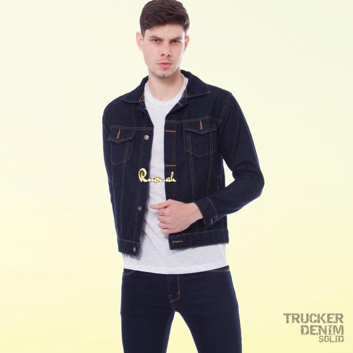 Trucker Denim Solid Jaket Jeans Biru Dongker Denim Jacket Blue Black Garment Unisex Pria Wanita M L 