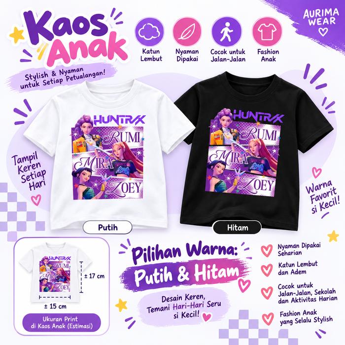 baju atasan kaos anak perempuan gambar huntrix kpop demon hunter new viral lengan pendek 2-12tahun k