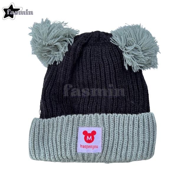 Topi Kupluk Rajut Anak atau Bayi Rajut Pelindung Kepala Lucu dengan Pom Pom dan Logo Mickey Mouse
