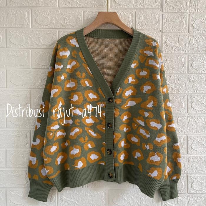Jihyo Leopard CardiganOversized Cardi Rajut | Import Premium Quality | Motif Macan Korean Style Swea